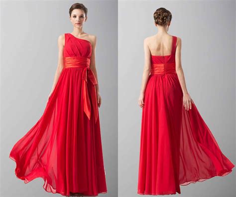 Elegant Red One Shoulder Long Chiffon Prom Dresses Budget Bridesmaid