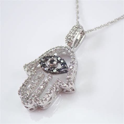 Diamond HAMSA Evil Eye Pendant Necklace 14K White Gold 18 Chain Jewish