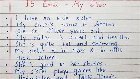 Write 15 Lines On My Sister Short Essay My Sister English Youtube