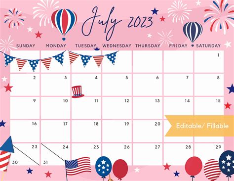 Fillable July 2023 Calendar Independence Day Us Patriotic Etsy Canada