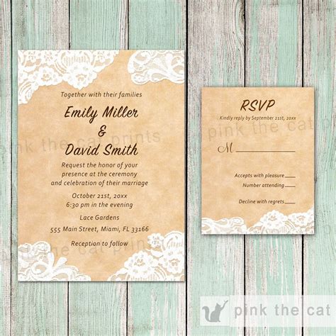 Lace Rustic Wedding Invitation & RSVP Card 2 – Pink The Cat Teal