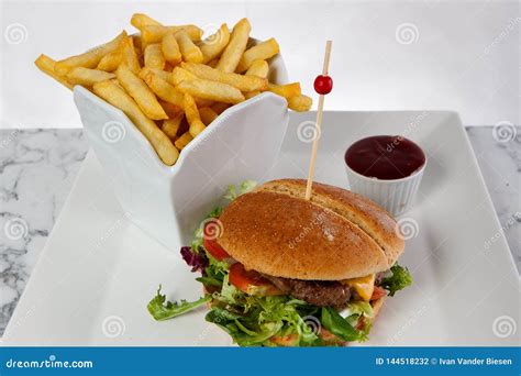 Beef Cheese Burger French Fries Tomato Ketchup Stock Photo Image Of