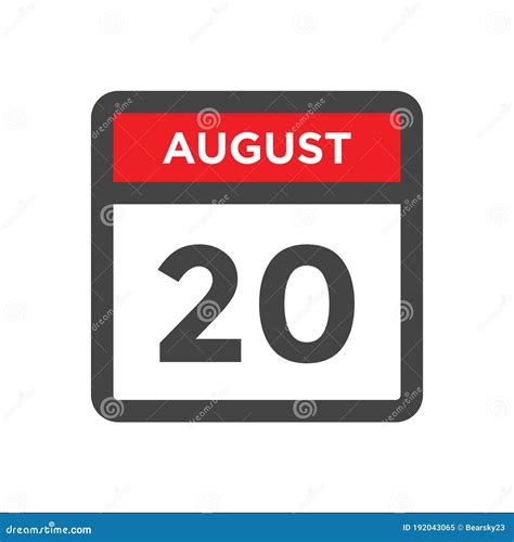 August 20 Calendar Icon With Day Of Month Stock Vector Illustration