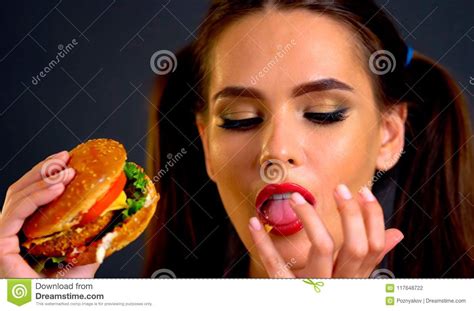 Woman Eating Hamburger Girl Wants To Eat Fast Food Stock Photo