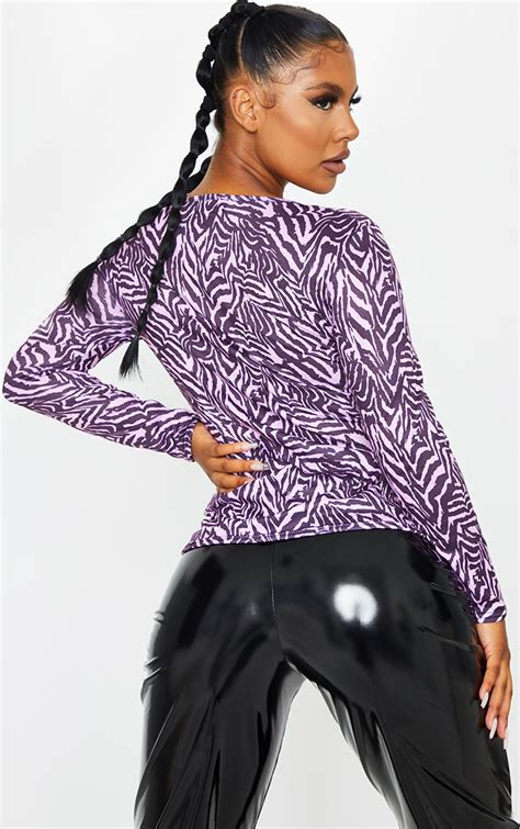 Purple Zebra Print Crew Neck Long Sleeve T Shirt Prettylittlething Uae