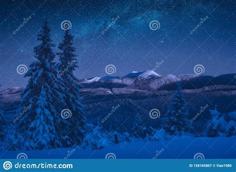 Snowy Mountains Under The Starry Sky Stock Image Image Of Snow