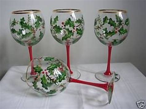 Hand Painted Christmas Wine Glasses With Holly Etsy