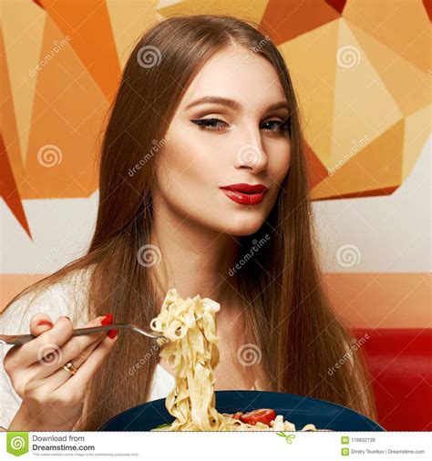 Attractive Woman Eating Seafood Pasta Stock Image Image Of Dish Cuisine