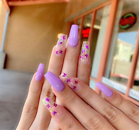 Purple Acrylic Nails With Butterflies Short French Nail Tips Design
