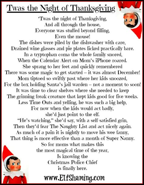‘twas The Night Of Thanksgiving An Elf On The Shelf Poem