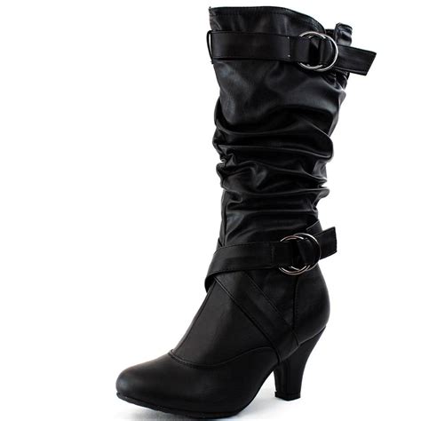 New Sexy Womens Mid Calf Faux Leather Black High Heel Boots Ebay