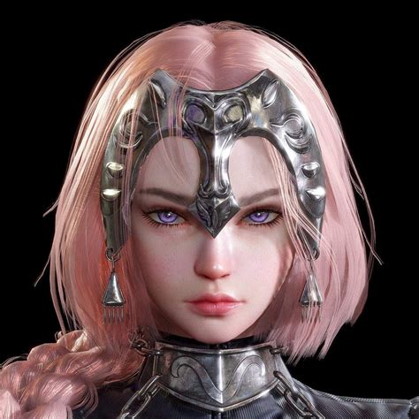 A Close Up Of A Person With Pink Hair And Blue Eyes Wearing Metal Armor