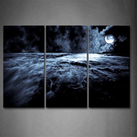 3 Piece Wall Art Painting Moon And Black And White Clouds Over Ocean