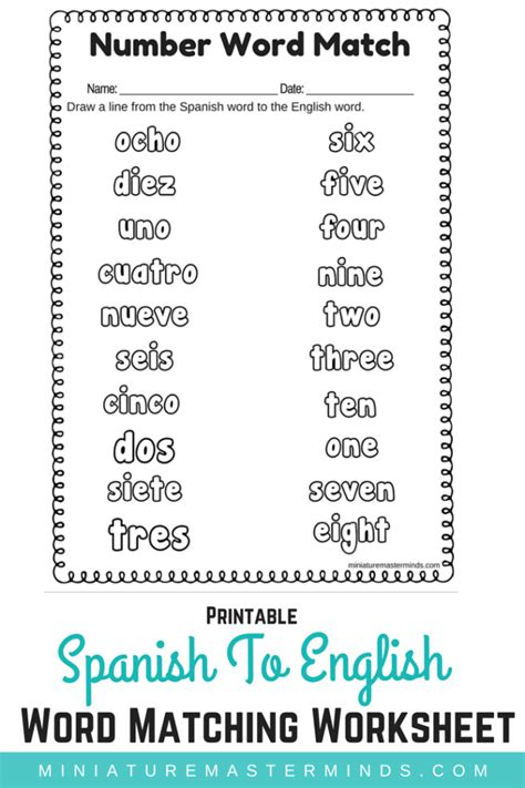 Spanish To English Word Number Matching Worksheet | Spanish language