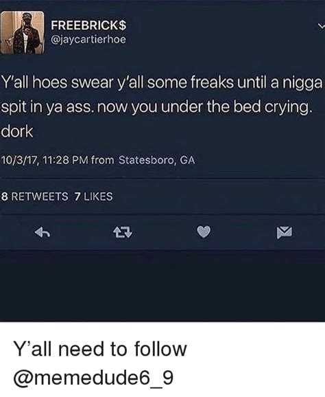 Freebrick Yall Hoes Swear Yall Some Freaks Until A Nigga Spit In Ya Ass Now You Under The Bed