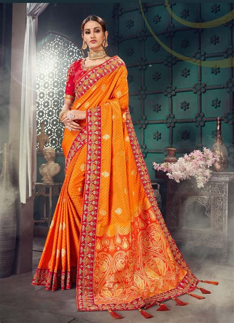 Orange Bhagalpuri Silk Heavy Designer Bhagalpuri Silk Saree