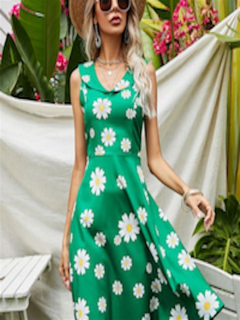 Buy Urbanic Green And White Daisy Print Fit And Flare Dress Dresses For Women 15628266 Myntra