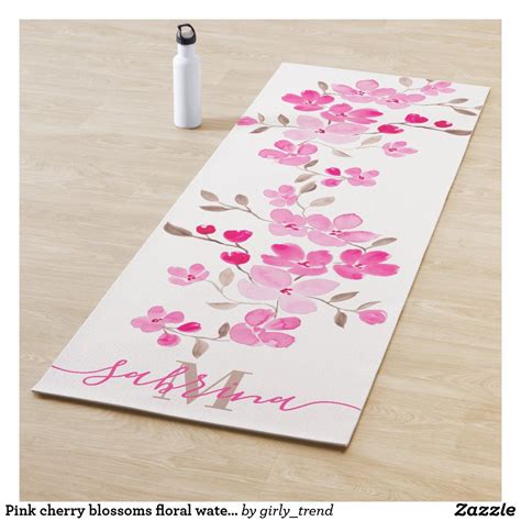 Pink Cherry Blossoms Floral Watercolor Monogrammed Yoga Mat Zazzle