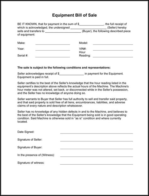 Equipment Bill Of Sale Form