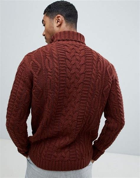 asos design heavyweight cable knit roll neck jumper in brown asos roll neck sweater hot