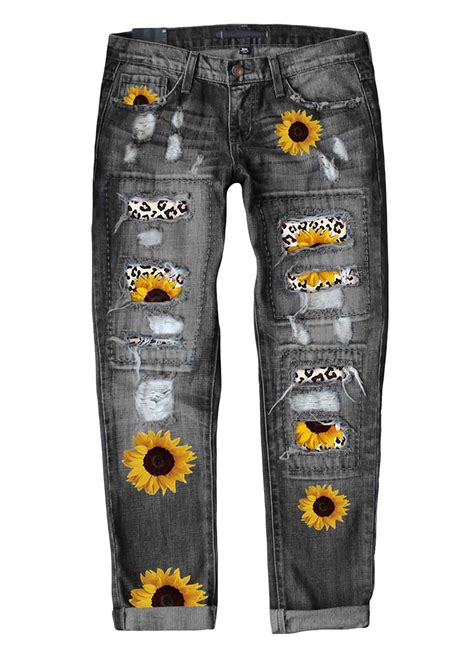 Evaless Womens Fashion Ripped Sunflower Patchwork Boyfriend Jeans