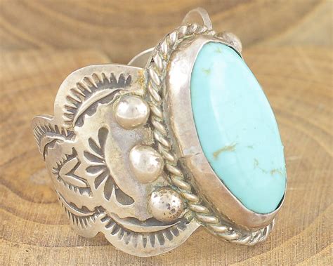 Sterling Silver Turquoise Stamped Ring Large Albert Cleveland Navajo