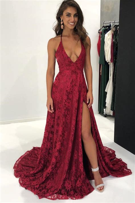 Sexy Halter Burgundy Lace Front Slit V Neck Long Prom Dress Okdresses
