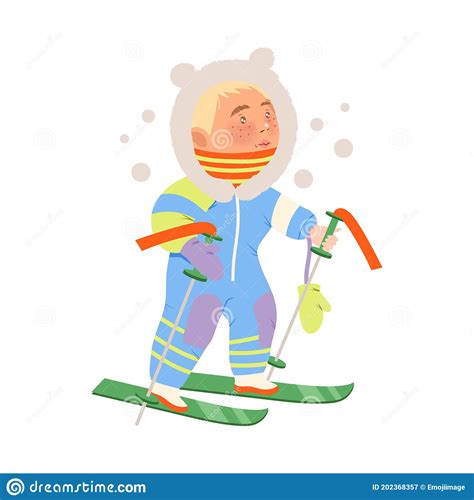 Little Boy In Warm Jumpsuit Ski Running Vector Illustration Stock