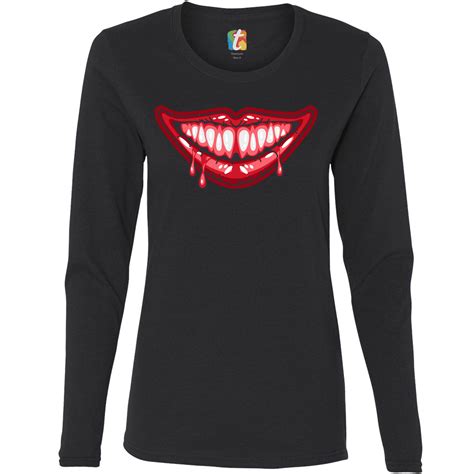 Bloody Smile Womens Long Sleeve T Shirt Scary Creepy Halloween Fangs