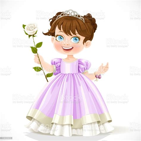 Little Cute Brunette Princess In Tiara With Beautiful White Rose On A