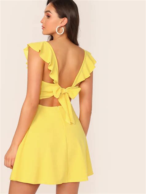 Neon Yellow Tie Back Ruffle Trim Dress Shein Mini Cami Dress Dress C