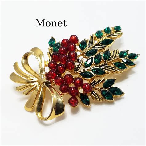 Etsy Shop Vintage Monet Holiday Christmas Brooch Holly Berry Pin Gold