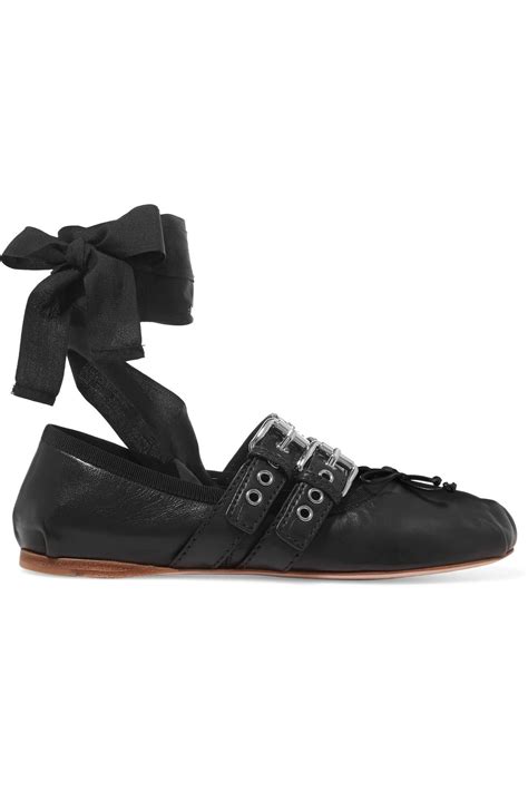 Miu Miu Lace Up Leather Ballet Flats In Black Lyst