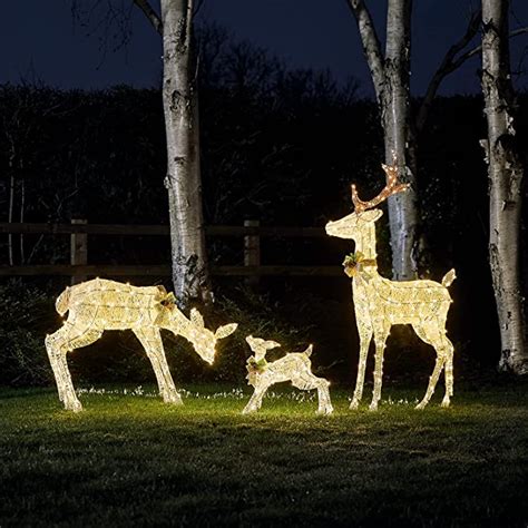 Lights4fun Inc Set Of 3 White Glitter Stag Doe And Fawn Reindeer Led