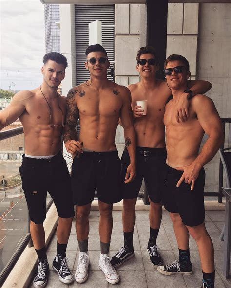 Fit Four Shirtless Male Models Sunglasses Gay Friends Posing Apartment