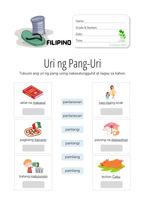 Mga Uri Ng Pang Uri Hunterswoodsph Filipino Worksheets