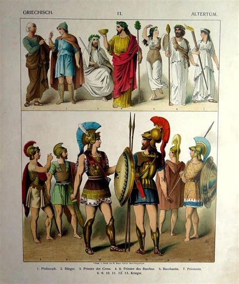 1906 color print of ancient history of costumes original antique greek clothes dress print