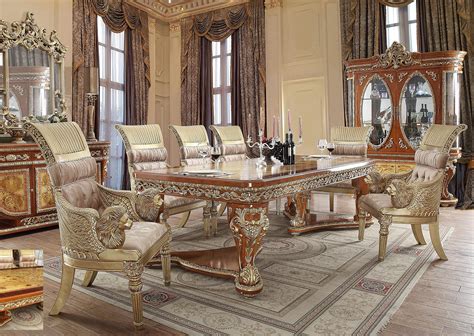 Luxury Amber And Gold Dining Room Set 8pcs Carved Wood Homey Design Hd