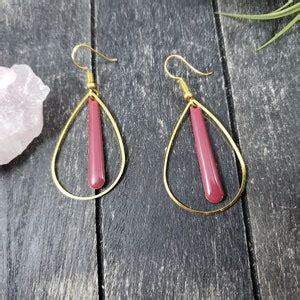 Gold And Raspberry Pink Teardrop Hoop Earrings Gold Teardrop Etsy