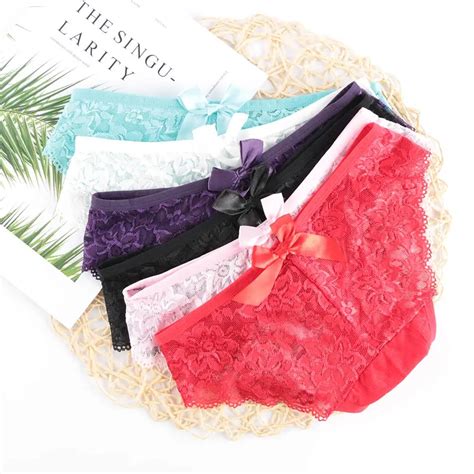 1 Pc Women Sexy Intimates Lace Briefs Hollow Panty Flowers Bow Knot Underwear V String G String