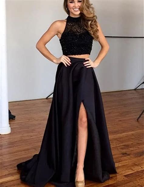 2017 new black two pieces a line prom dresses halter beaded top satin skirt teens formal prom