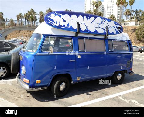 Volkswagen Camper Van With Surf Board Santa Monica California Stock