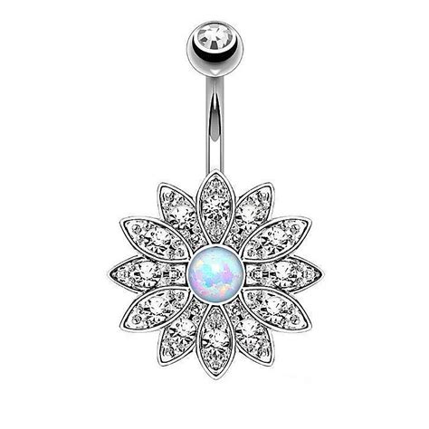 1pcs Stainless Steel Navel Belly Rings Opal Stone Bell Button Ringscrystal Flower Barbell