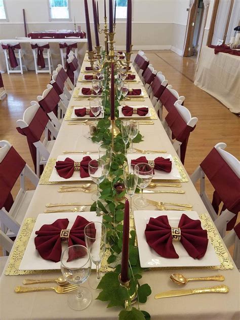 Burgundy, beige and gold table setup | Gold and burgundy wedding, Gold