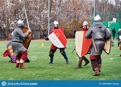 Medieval Knights Fighting With Swords And Shields. Editorial Stock ...