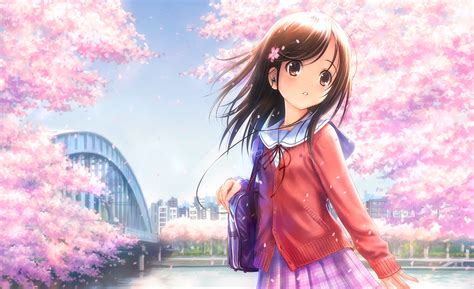 Brown Eyes Brown Hair Building Cherry Blossoms Flowers Goto P