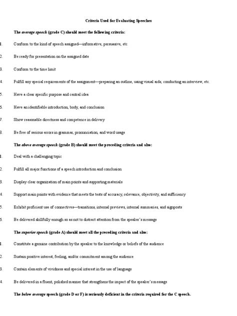 Criteria For Evaluating Speeches Guidelines For Assessing Introduction