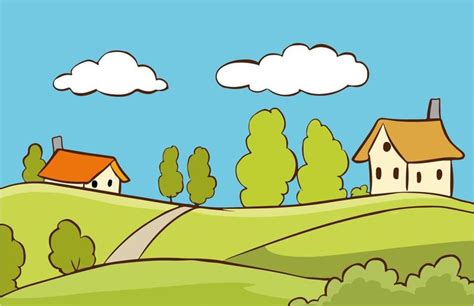 A Drawing Of Houses On A Hill With Trees And Clouds In The Sky Behind Them