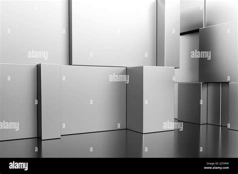 Empty Black White Interior With Corners And Blank Metal Walls Mockup