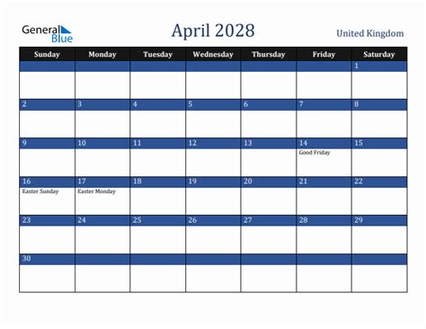 April 2028 Calendar With United Kingdom Holidays